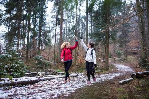 Zwei Freundinnen Spaziergang im winterlichen Wald