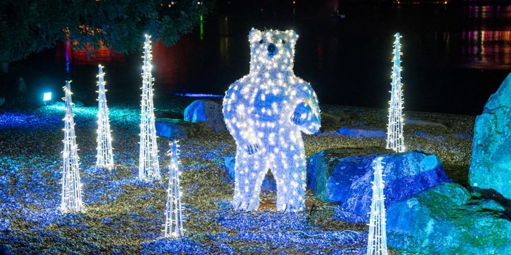 Beleuchtete Eisbärenskulptur im Zoo bei Nacht während der Aktion Christmas Garden