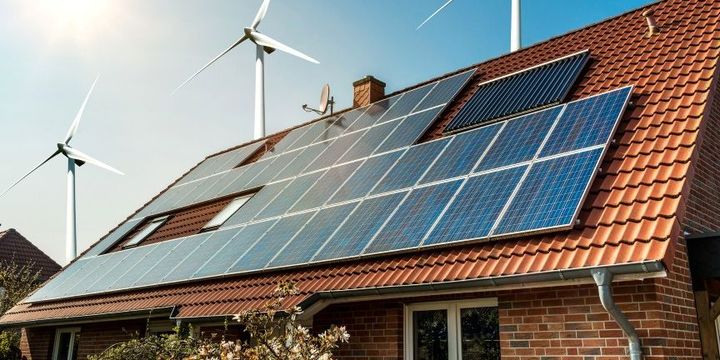 Haus mit Sonnenkollektoren und Solarpanels vor Windrädern