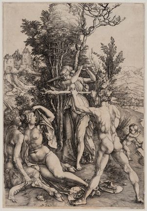 Das Werk "Herkules am Scheidewege" von Albrecht Dürer um 1498 als Kupferstich.