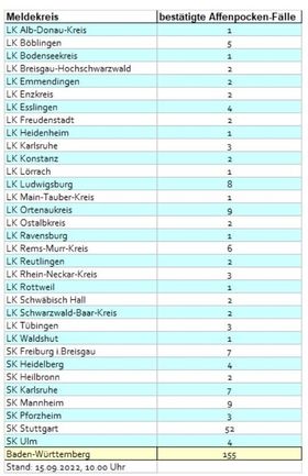 Die Tabelle zeigt den Stand der Affenpocken-Infektionen in Baden-Württemberg nach Kreisen bis KW37