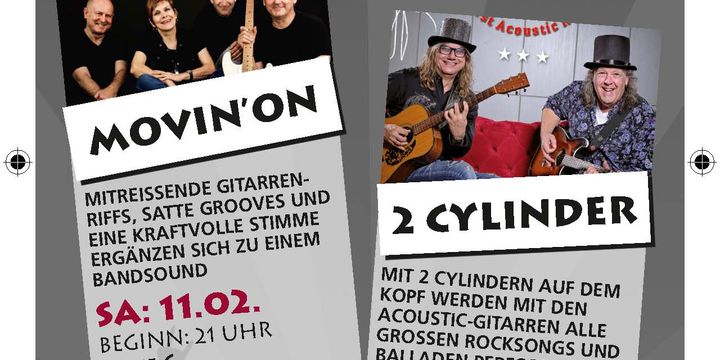 Plakat vom Uhlenspiegel Rutesheim: MOVIN ´ON und 2 CYLINDER