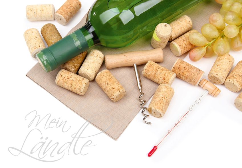 Weinflasche umgeben von Korken, Korkenzieher und Thermometer