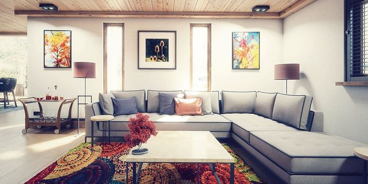 Modernes Wohnzimmer mit grauer Couch