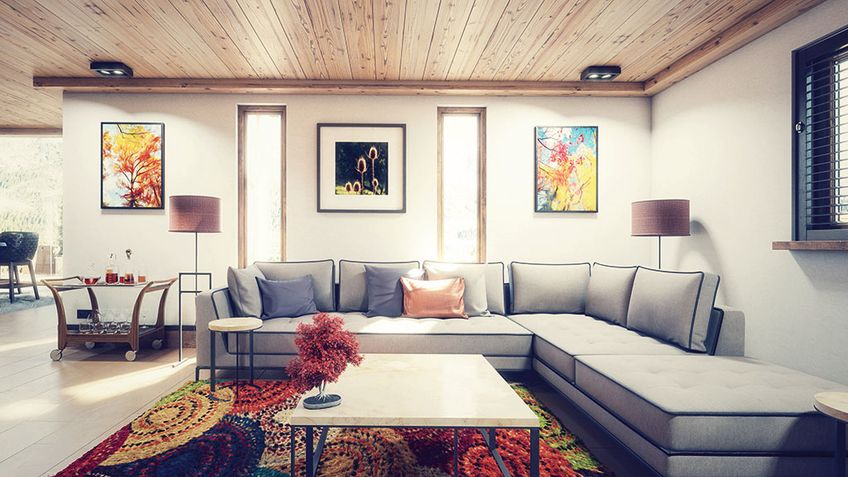 Modernes Wohnzimmer mit grauer Couch