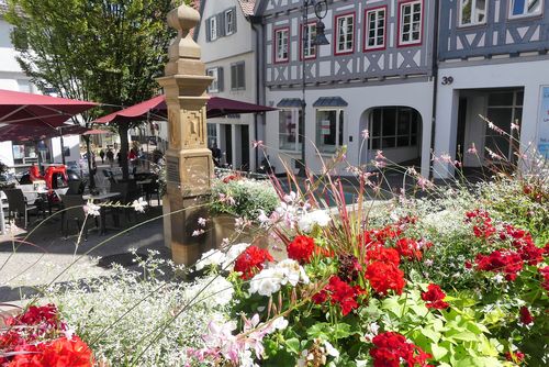Ein Fachwerkensemble in der Fußgänger Zone Lange Straße in Waiblingen mit dem Herbergsbrunnen.