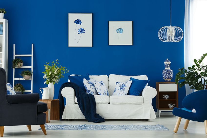 Wohnzimmer mit blauer Wand und passender Dekoration