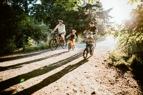 Eltern und Kinder auf Radtour im Sonnenschein