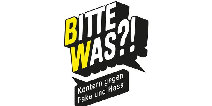 Das Logo der Kampagne „BITTE WAS?! Kontern gegen Fake und Hass