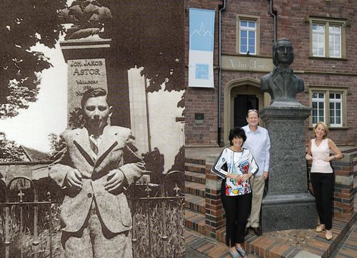 Kurt Klein 1937 vor dem Astordenkmal - und seine Kinder heute