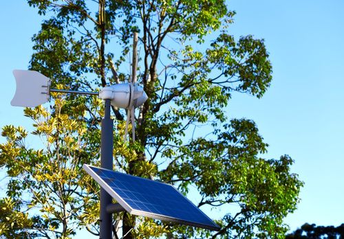 Kleinwindrad und Solarzelle vor einem Baum