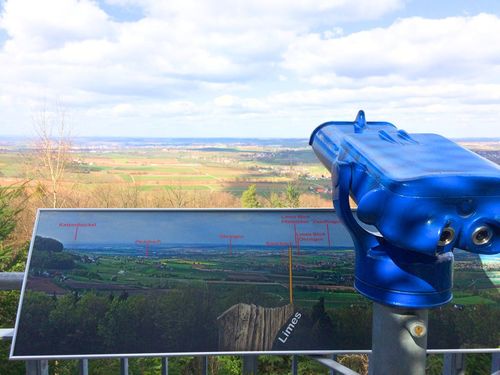 Ein Fernglas mit Panoramatafel auf dem Aussichtsturm Limes Blick in Pfedelbach.