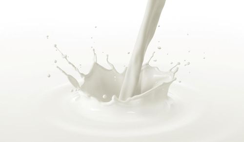 Milch wird im Strahl in andere Milch eingegossen