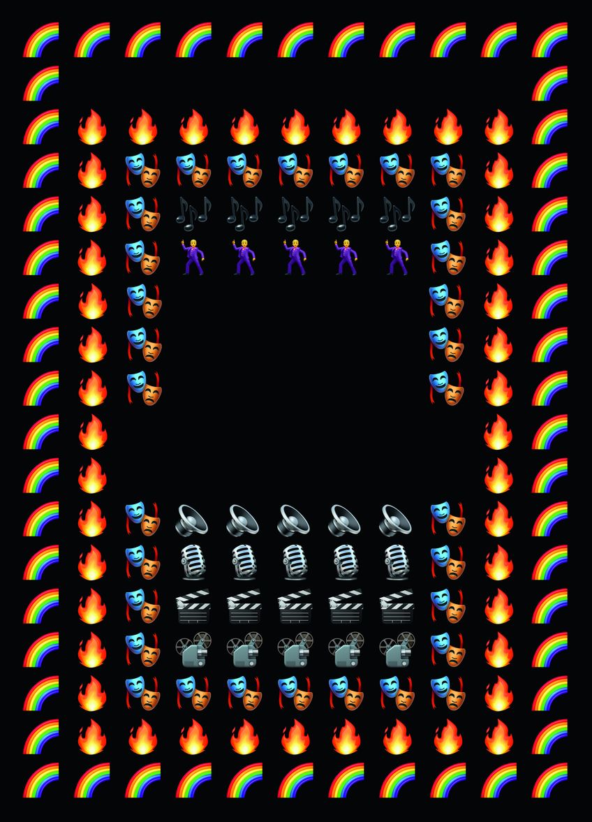 Emojis: Regenbogen, Feuer, Masken, Lautsprecher, Mikrofone, Filmklappen und Projektoren auf schwarzem Hintergrund