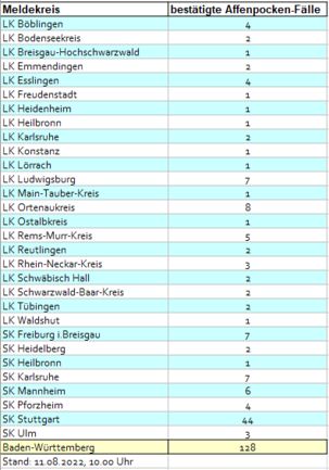 Die Tabelle zeigt den Stand der Affenpocken-Infektionen in Baden-Württemberg nach Kreisen bis KW32