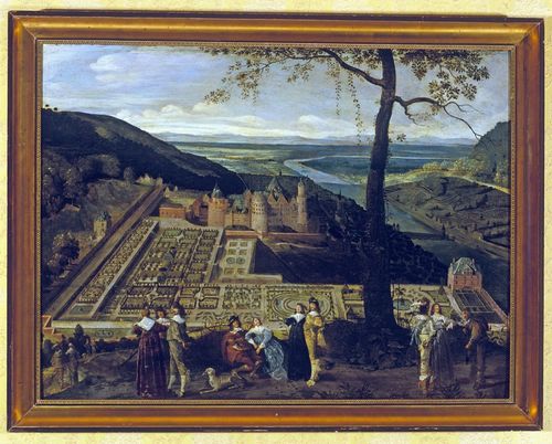 Zeitgenössische Darstellung von Hortus Palatinus und Schloss Heidelberg