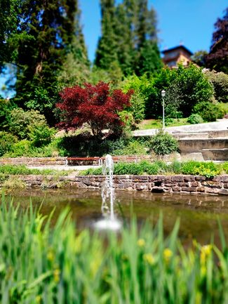 Schöner Teich mit Springbrunnen im Park der Zeiten